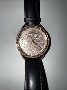 Michael Kors Rose Gold Pavé Dial Black Leather Strap Watch